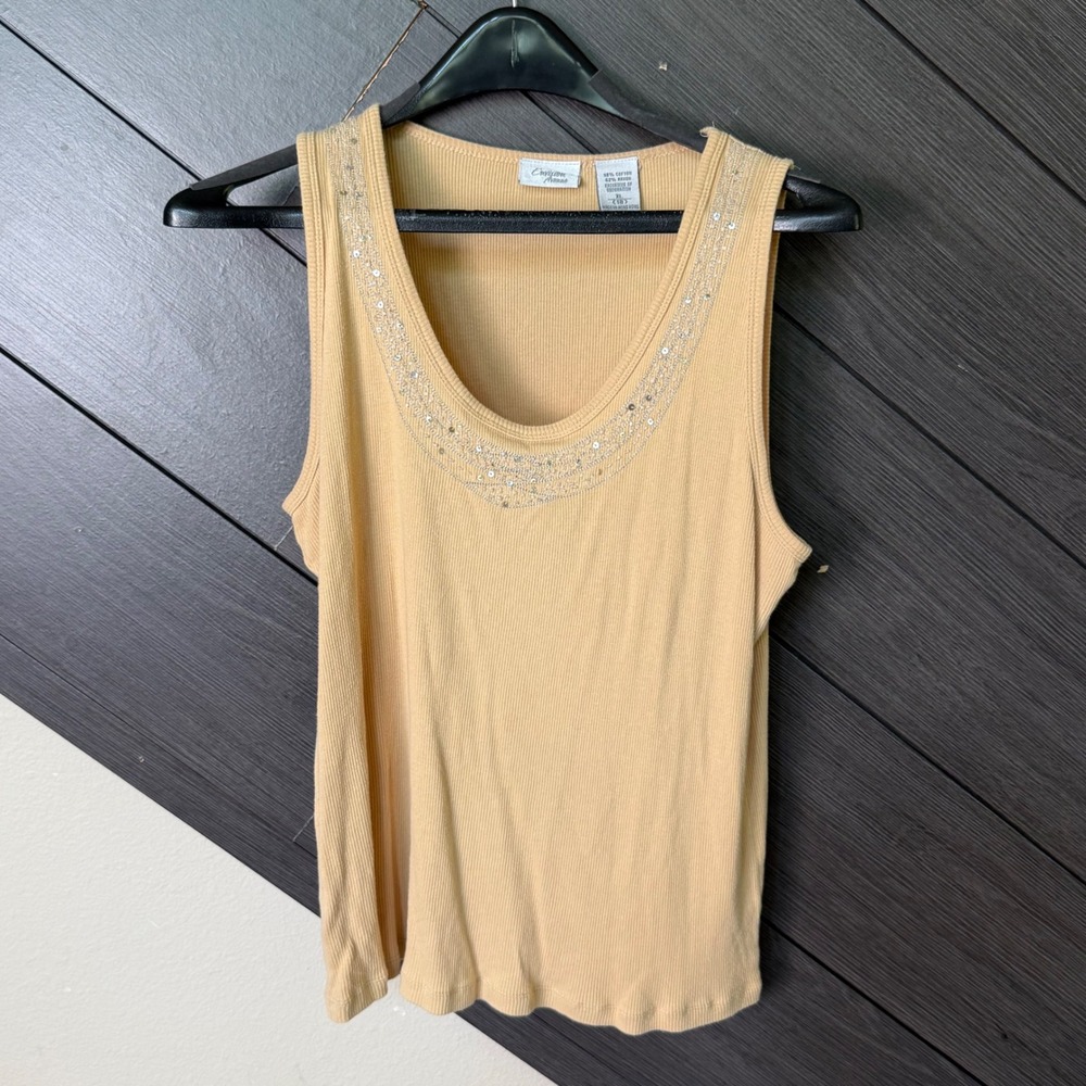 Envision Avenue Women's Ribbed Embellished Tank Top Beige XL BOHO Y2K Casual